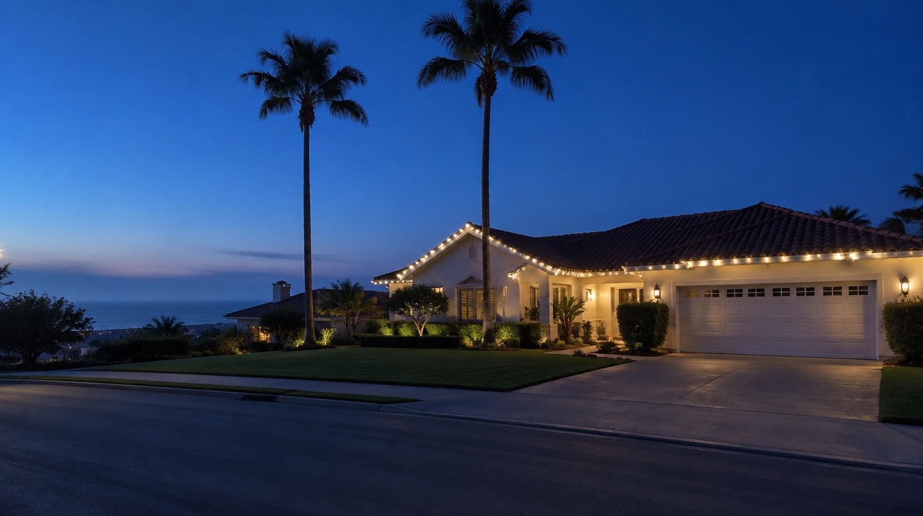 Coastal Laguna Niguel home at blue hour with warm-white C9 roofline lights and tall palm trees