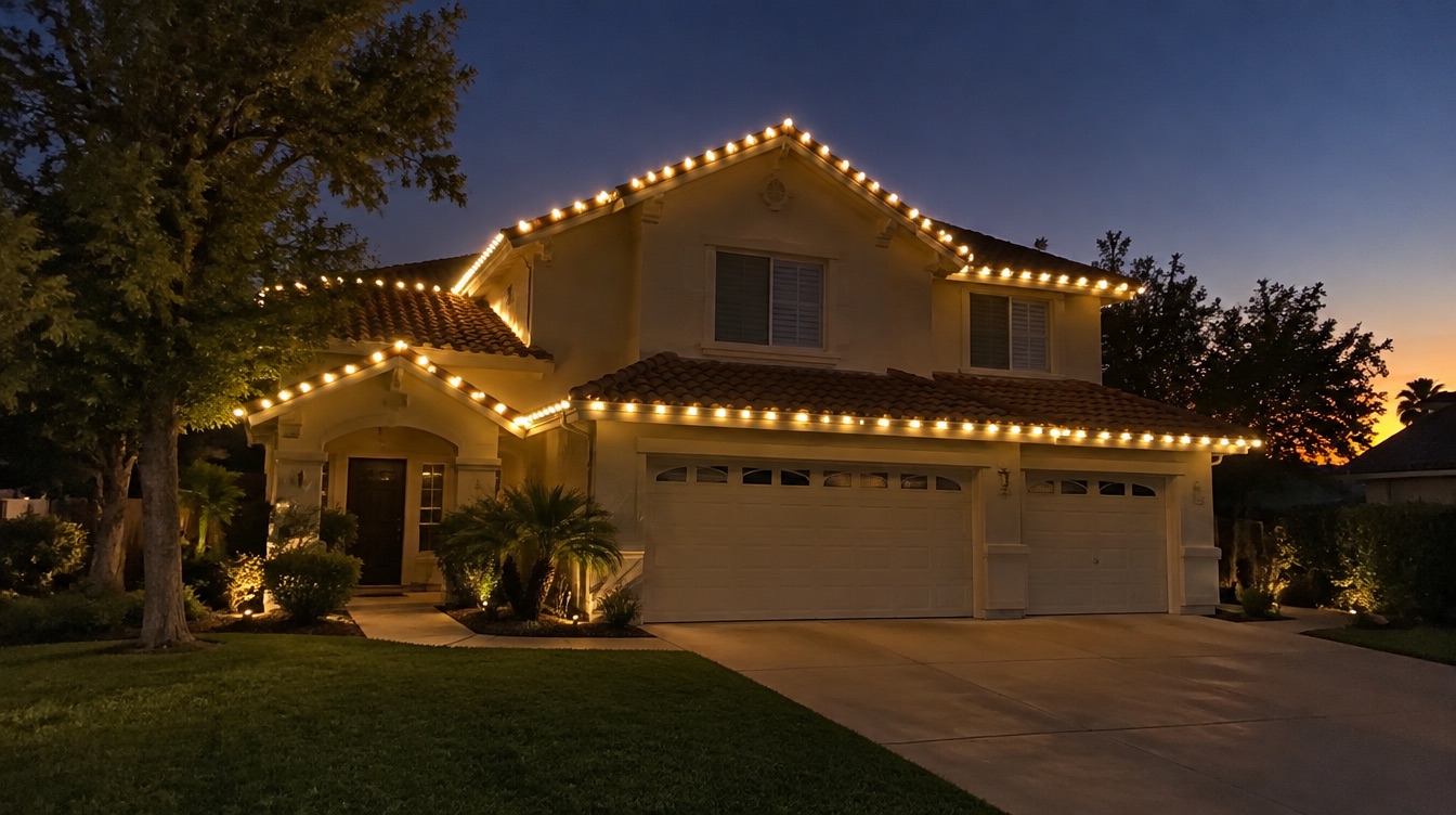Two-story stucco home with a Spanish tile roof in Murrieta, warm-white C9 lights along every eave and peak at dusk