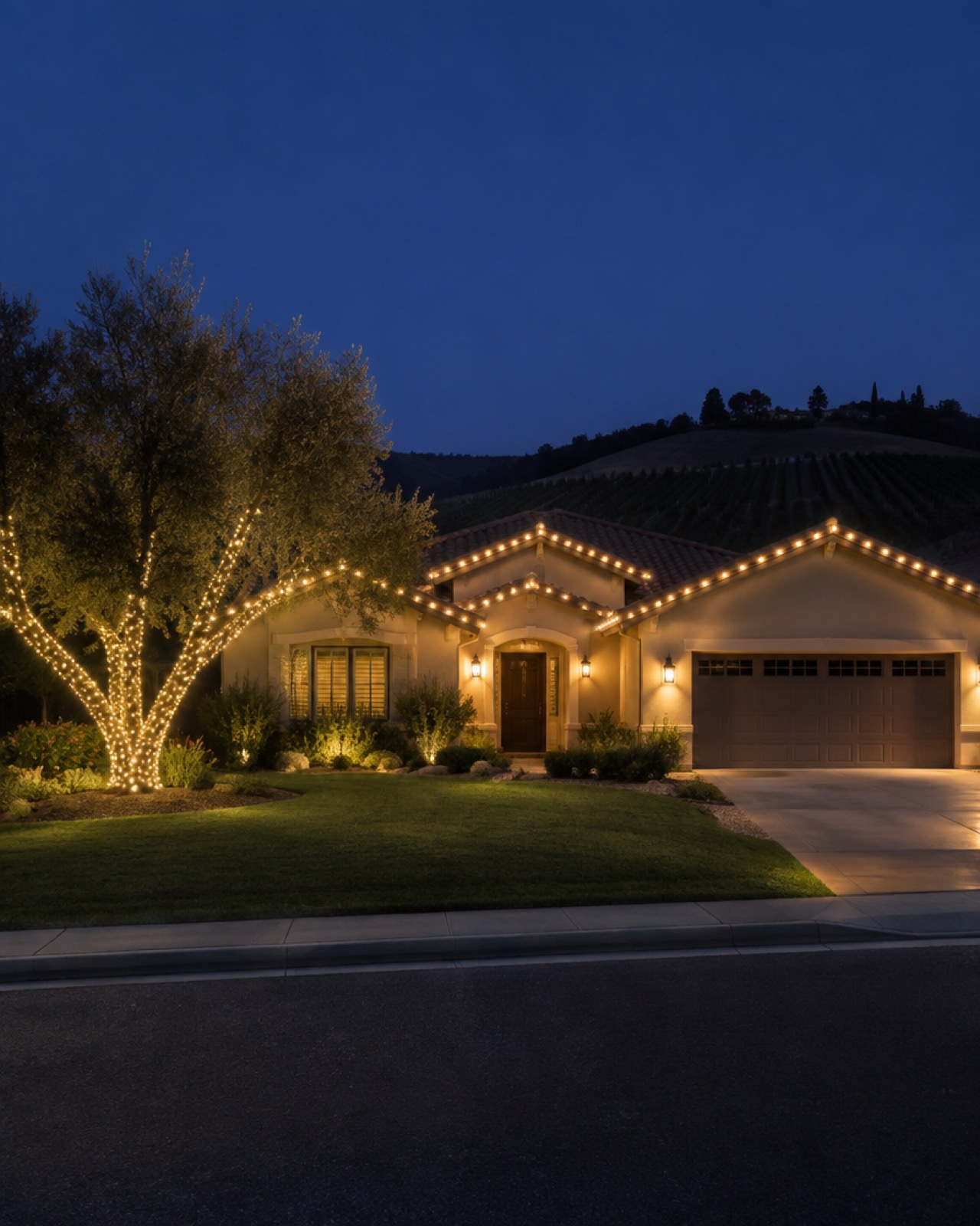 Single-story ranch home at night with warm-white C9 roofline lights and a wrapped olive tree out front