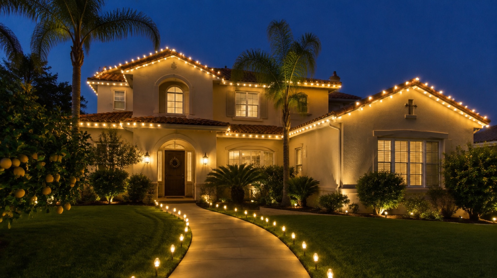 Two-story Mediterranean home with warm-white C9 roofline lights and pathway stakes along the walk, the roofline plus walkway and wreaths look