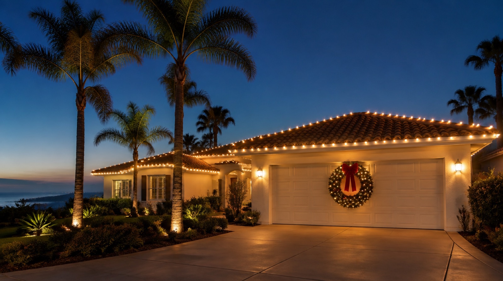 Coastal San Clemente home with warm-white C9 roofline lights and a lit wreath on the double garage