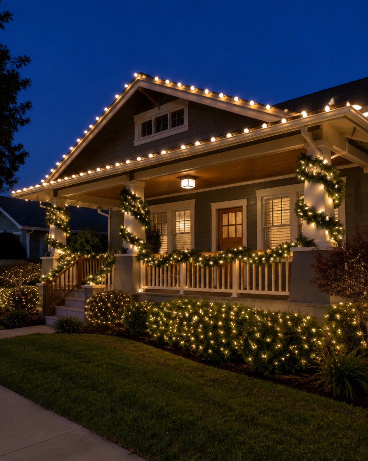 Craftsman-style Southern California home with lit garland on the porch rail and warm-white C9 lights along the roofline