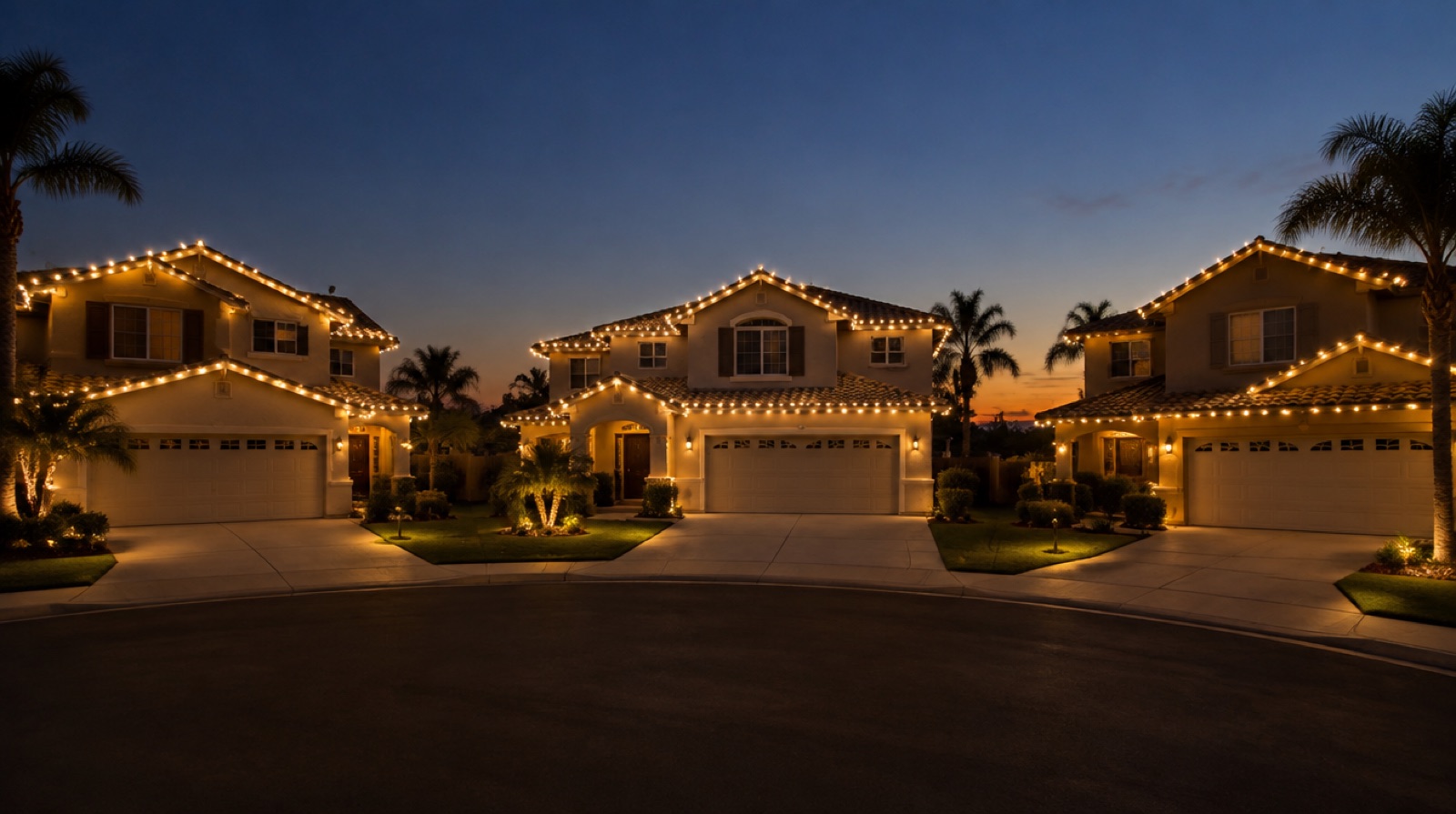 Three homes on a cul-de-sac fully lit with warm-white C9 roofline lights, the full display look