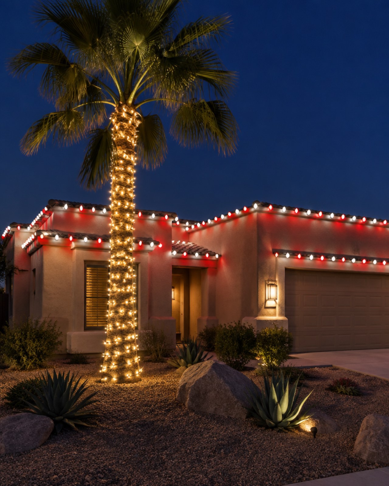 Desert-style Menifee home with warm-white roofline lights and a palm wrapped in red and white
