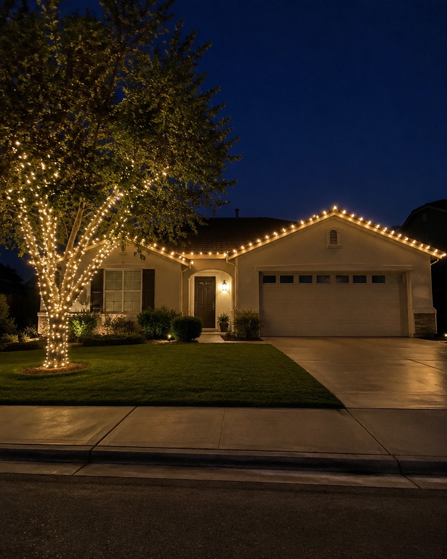 Single-story Fallbrook ranch home at night with warm-white roofline lights and a front tree wrapped in lights